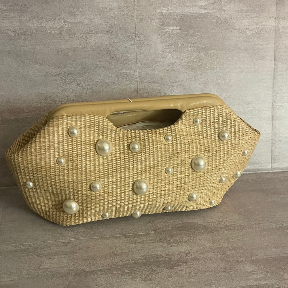 Pearl-Embellished Straw Clutch Bag in Natural - Picture 2 of 9